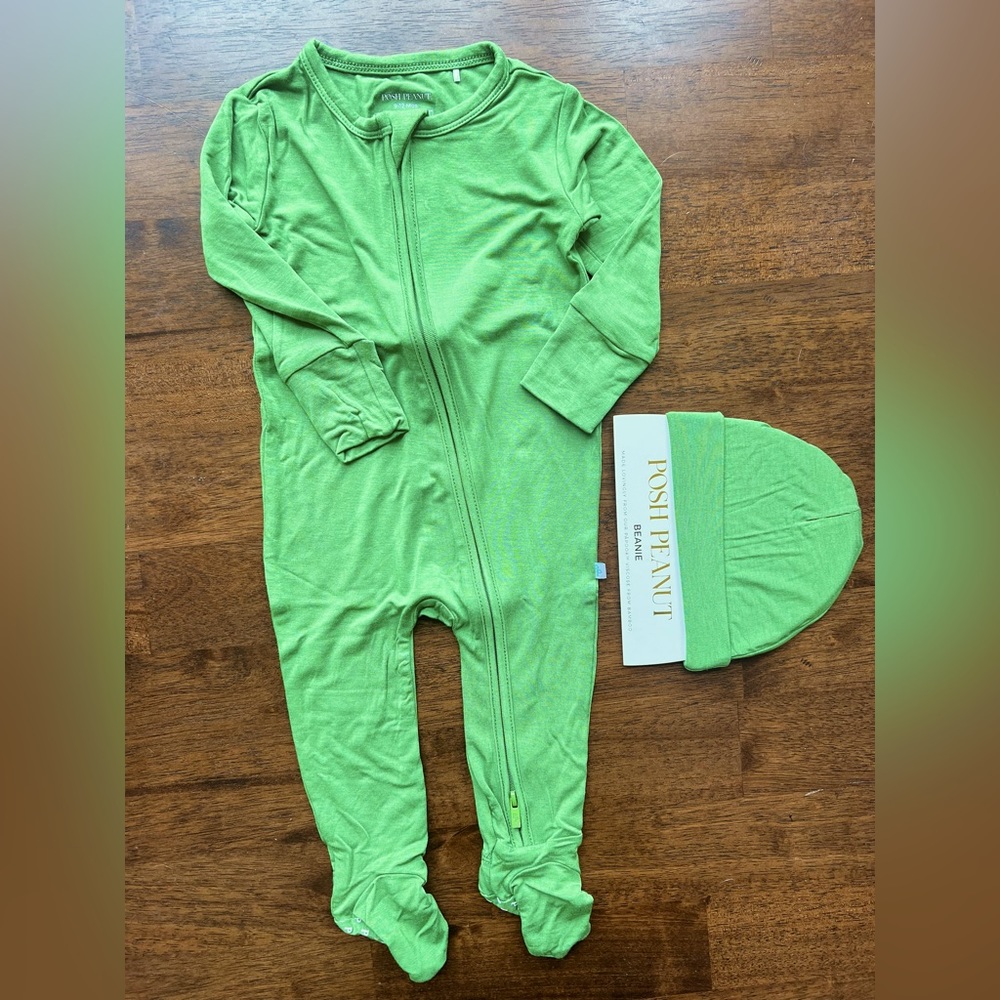 Brand new posh peanut green footed pajama and beanie